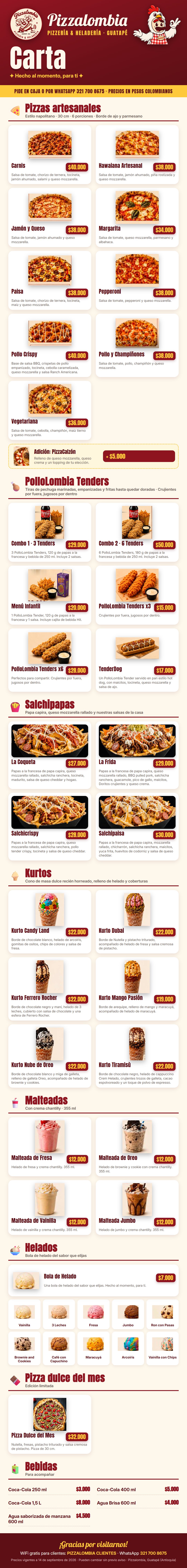 Carta de Pizzalombia: pizzas, tenders, salchipapas, kurtos, malteadas, helados y bebidas con precios